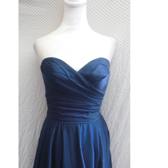 NEW LA FEMME Navy STRAPLESS Sweetheart PLEATED Satin HIGH SLIT Evening BALL GOWN - Picture 7 of 16